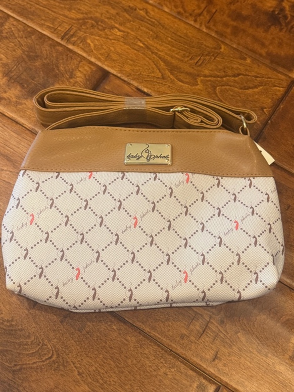 Baby Phat Beige Canvas Crossbody with Tan Trim and Pink Accents